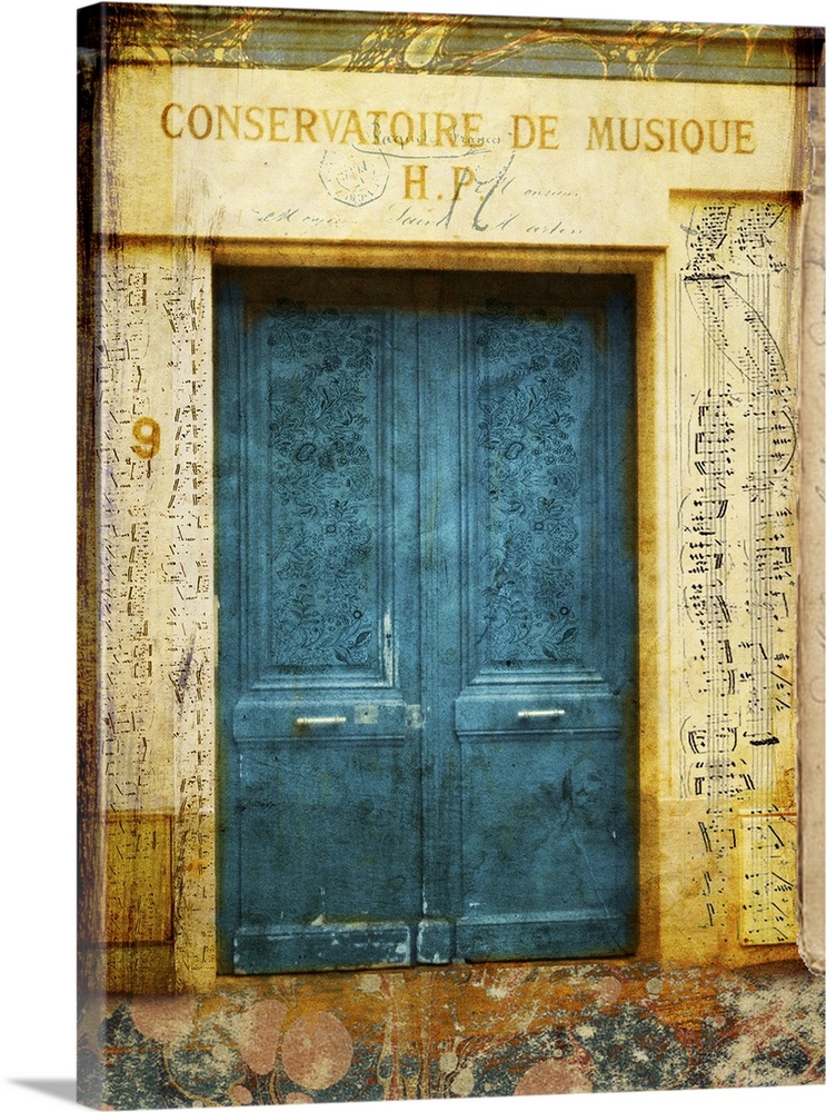 Travel collage of a doorway, decorated with french text and sheet of music.