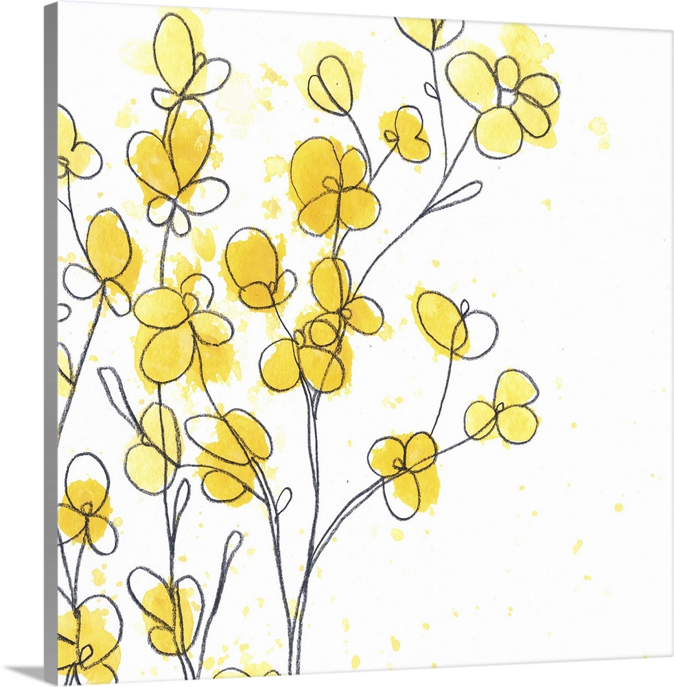 Whimsical illustration of vibrant tiny yellow flowers against a white background.