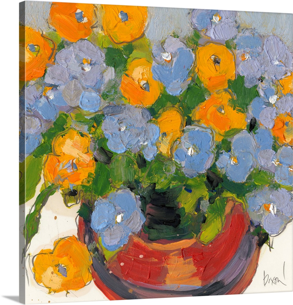 Contemporary artwork of a pot full of blue and yellow flowers.