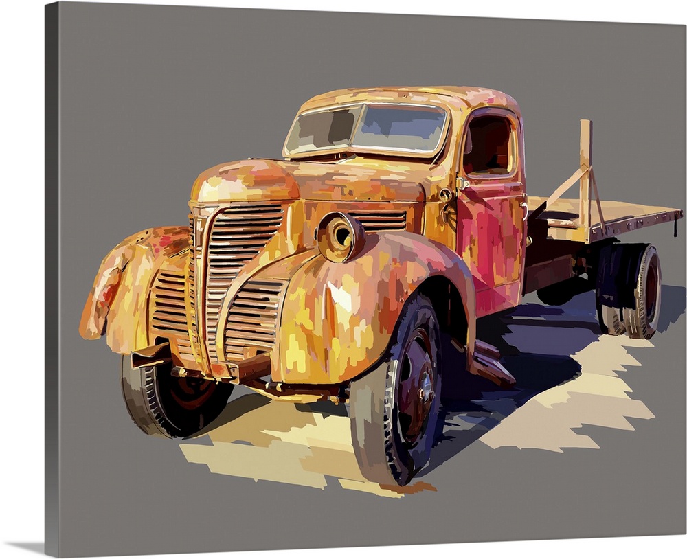 Artwork of an old, rusted truck with peeling paint.