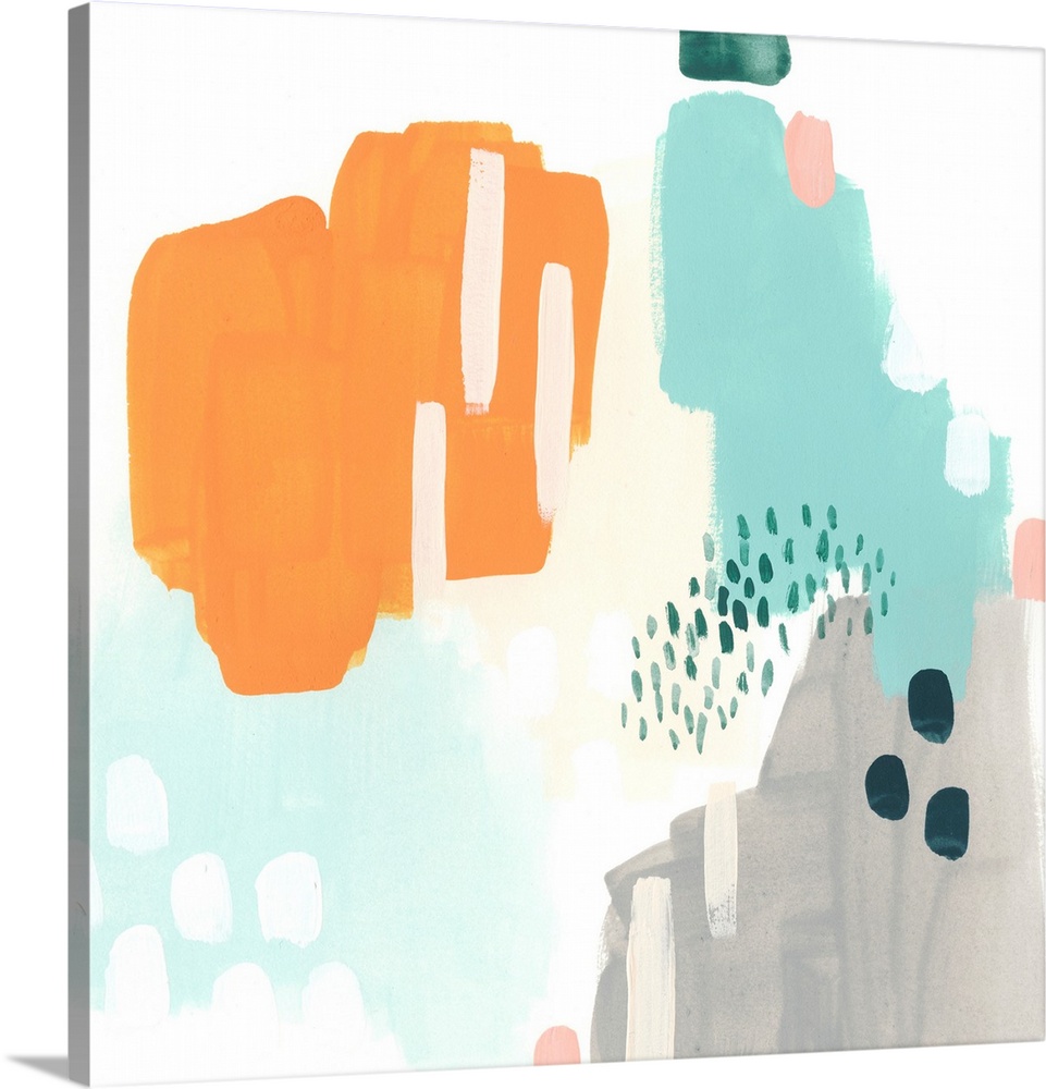 Abstract artwork in mod shades of grey, orange, and teal, with dot and stripe motifs.