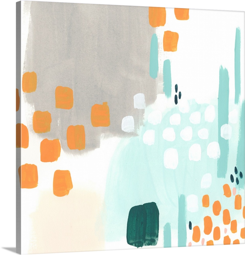 Abstract artwork in mod shades of grey, orange, and teal, with dot and stripe motifs.