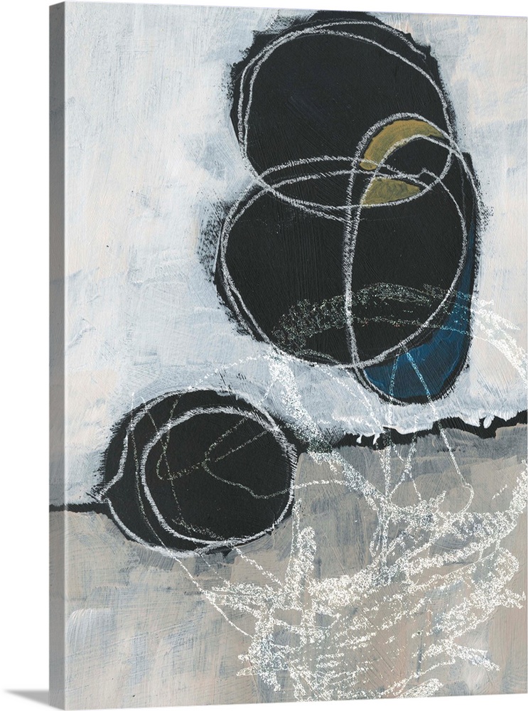 Abstract artwork featuring vertical and horizontal white brush strokes revealing black circular shapes with chalk gestural...