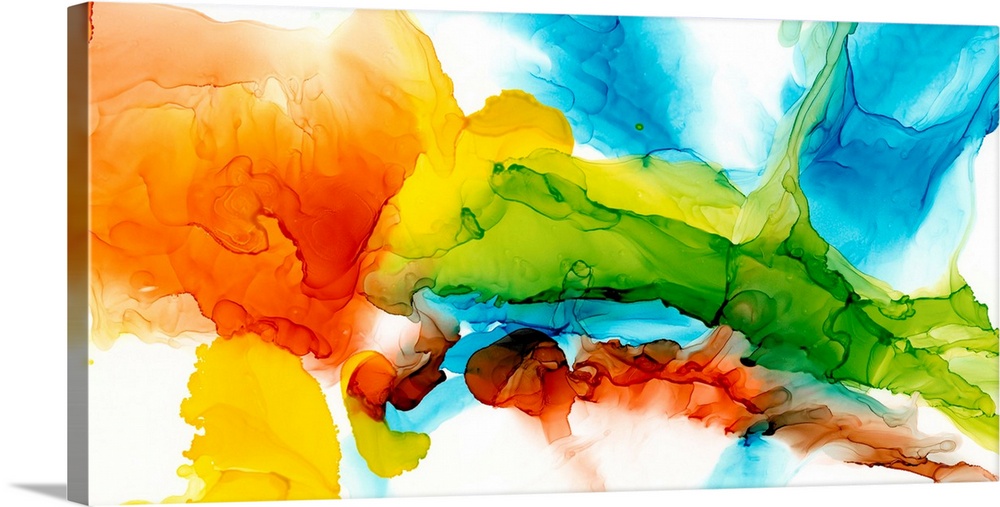 A punchy, bright, abstract created with an alcohol ink technique. Featuring turquoise, lime and citrus colors on a white b...