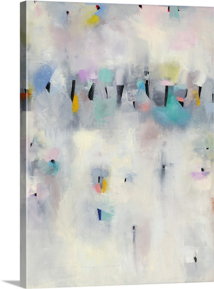 Contemporary abstract painting using pale pastel splashes of color against a neutral background.
