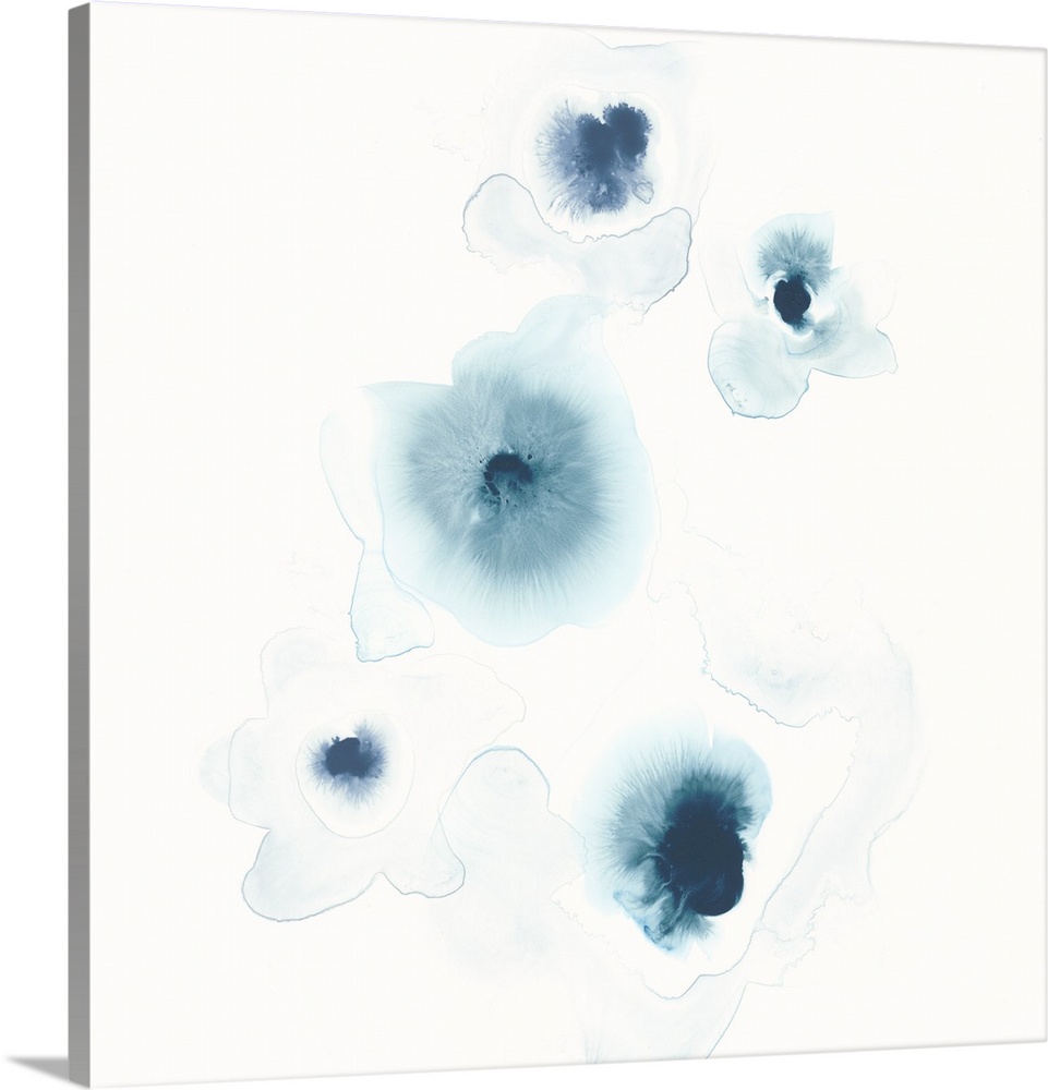 Minimalist abstract artwork of blue watercolor spots on white.