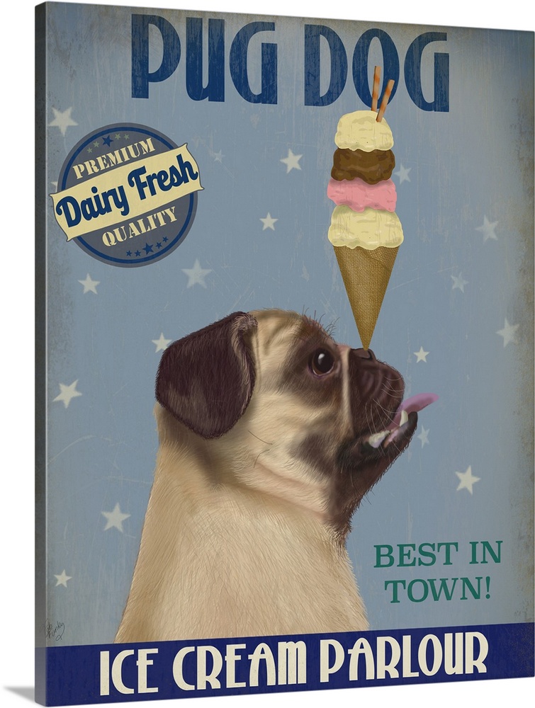 Decorative artwork of a Pug balancing an ice cream cone on its nose in an advertisement for an ice cream parlour.