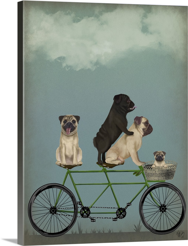 Decorative artwork of four Pugs riding on a green tandem bicycle with one puppy riding in the basket attached to the front.