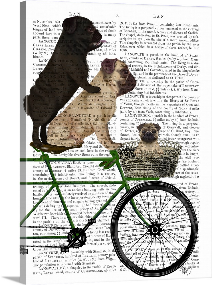 Decorative artwork with pugs riding on a bicycle, painted on the page of a book.