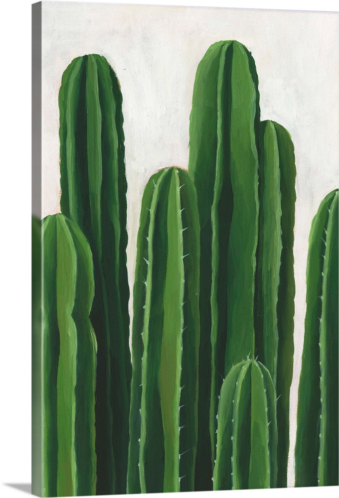 Artwork featuring luscious cacti against a mottled background with gray and off-white brush strokes.