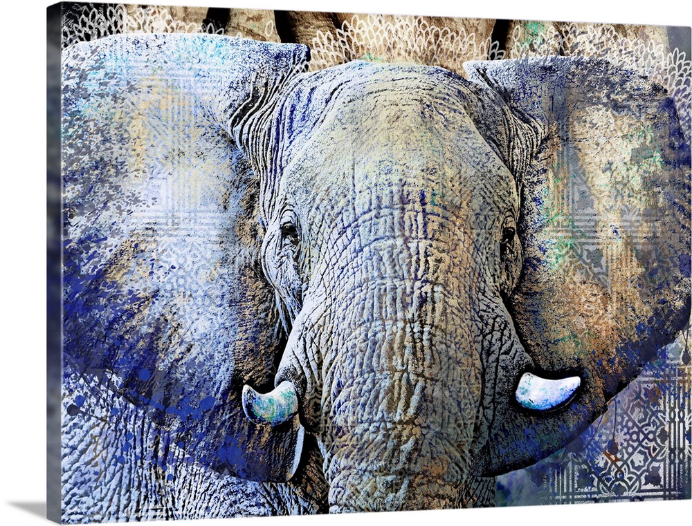 This digital artwork features overlapping images of an elephant, global tile pattern and paint splatters in blue and green.