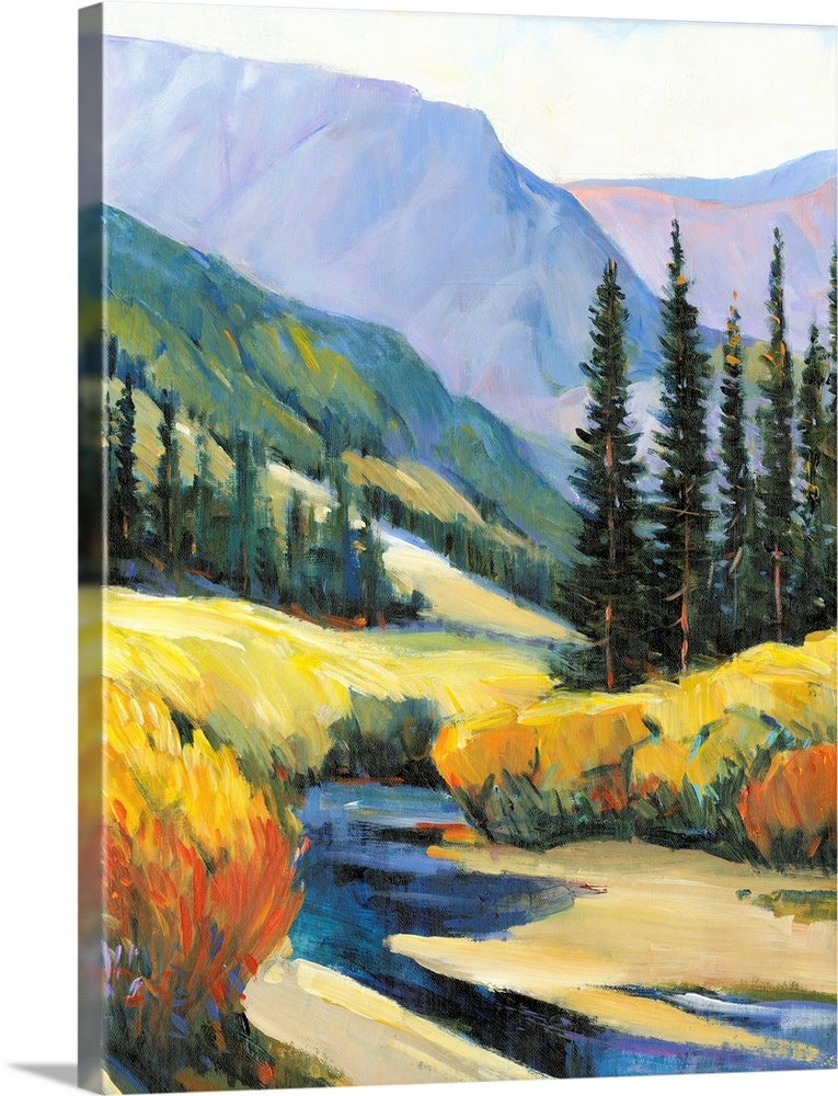 Contemporary painting of a mountain valley landscape with a small river and pine trees.