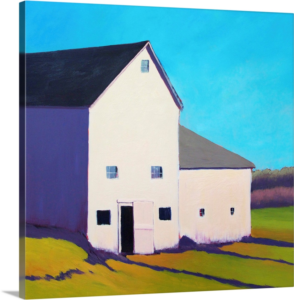 Contemporary painting of a white barn in a rural field in afternoon light.
