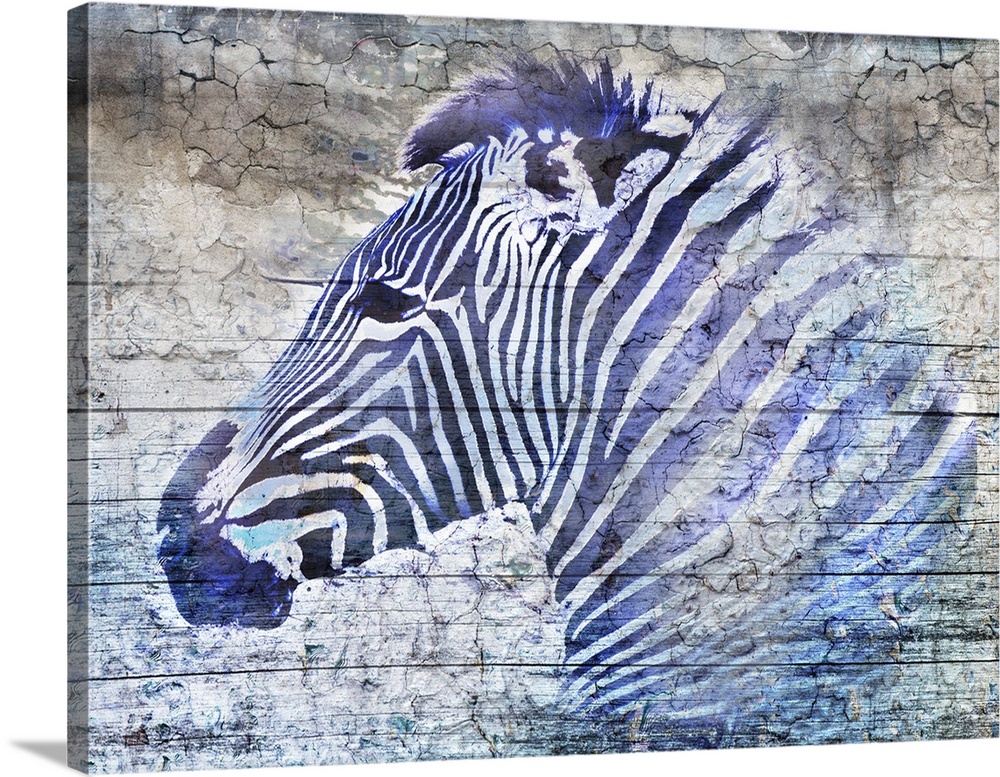 Digital artwork of a purple zebra over horizontal wood boards with a dried cracking texture throughout.