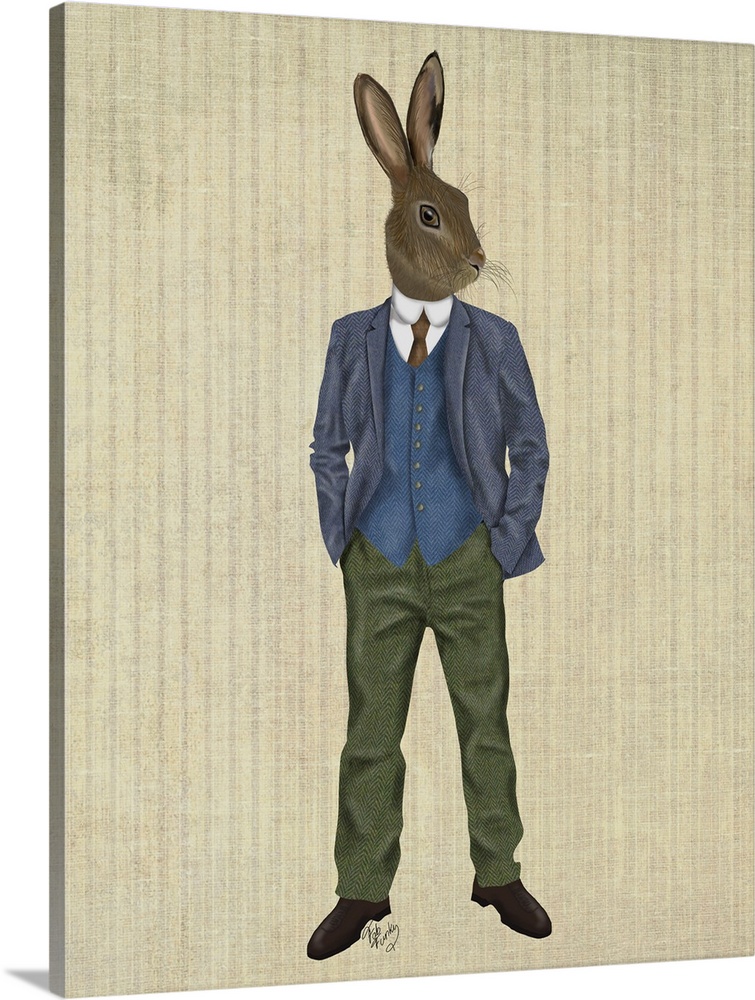 An anthropomorphic rabbit wearing a blue coat.