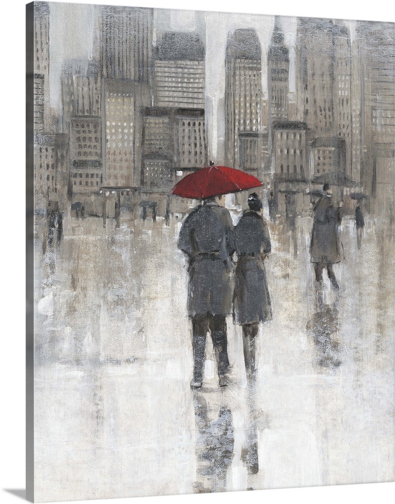 Contemporary artwork of a couple in the city sharing a red umbrella.