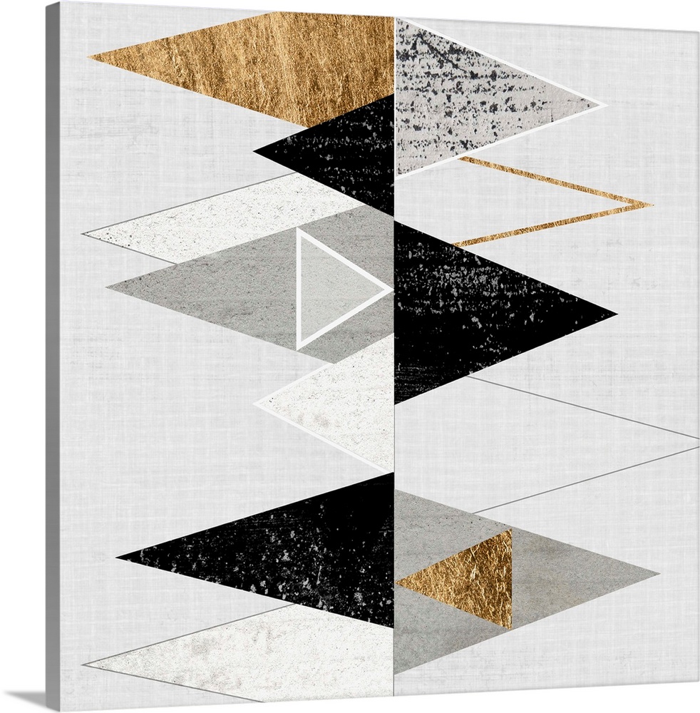 Abstract art of two rows of triangles in black, grey, and gold.