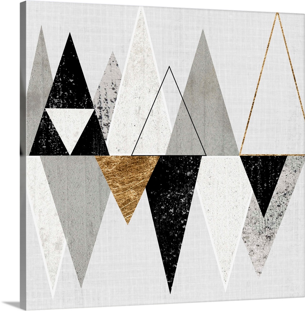 Abstract art of two rows of triangles in black, grey, and gold.