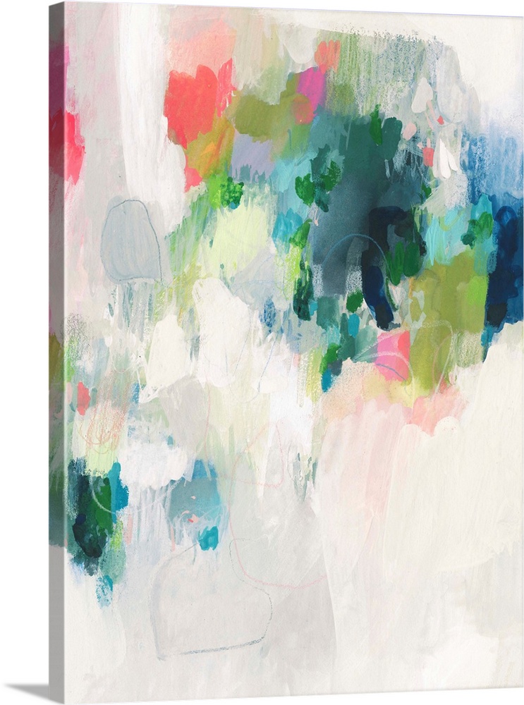 Contemporary abstract painted in vibrant pinks, greens, and blues on a white and gray background.