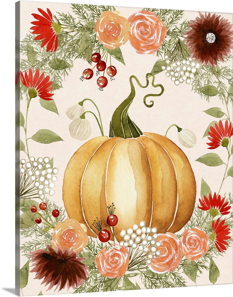 Autumn decor with a watercolor painted pumpkin and Fall florals surrounding it.