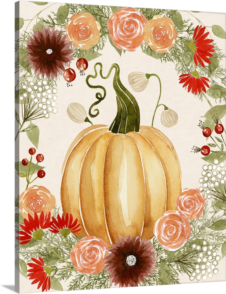 Autumn decor with a watercolor painted pumpkin and Fall florals surrounding it.
