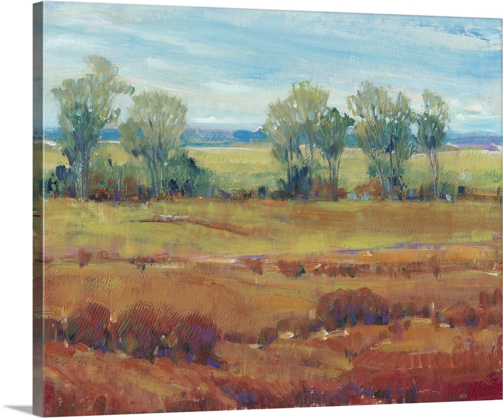 Contemporary painting of a landscape featuring a field of red clay in the foreground with a line of trees in the background.