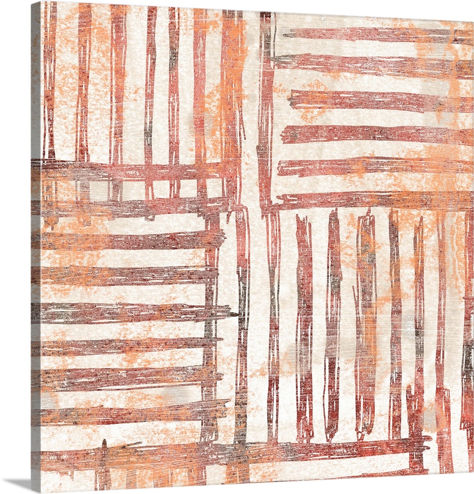 Contemporary patterned painting in earth tones and orange-red hues.