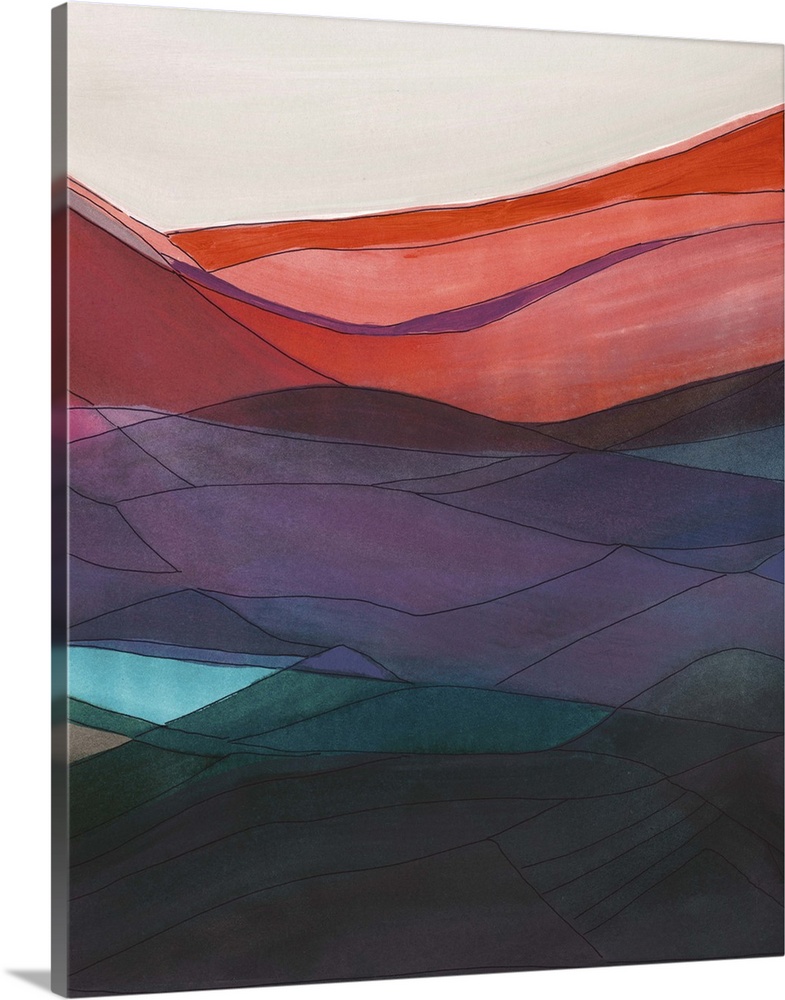 Contemporary abstract painting resembling a mountainous valley made of different color sheets.