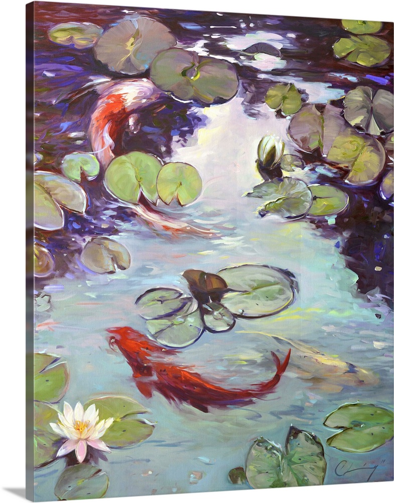 Contemporary painting of a pond filled with koi.