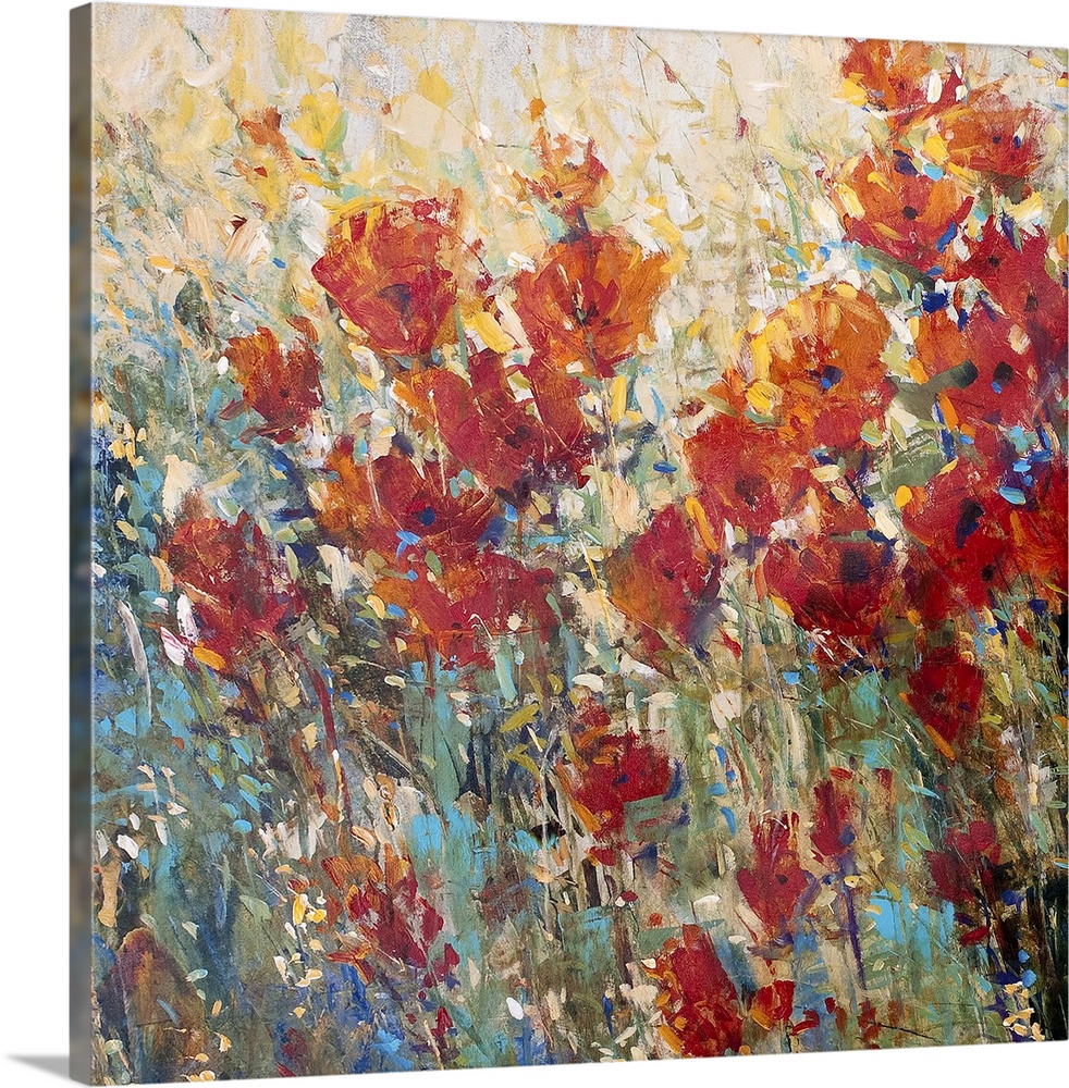 Contemporary painting of several bright poppy flowers growing in the wild.