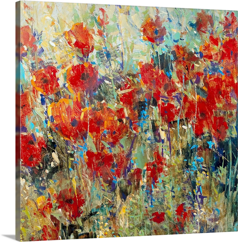 Artwork of a field of red poppies. Rough texture is visible.