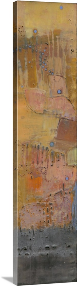 This painted contemporary artwork resembles rusting metal that has stood the test of time in aged oranges, beige and gray ...