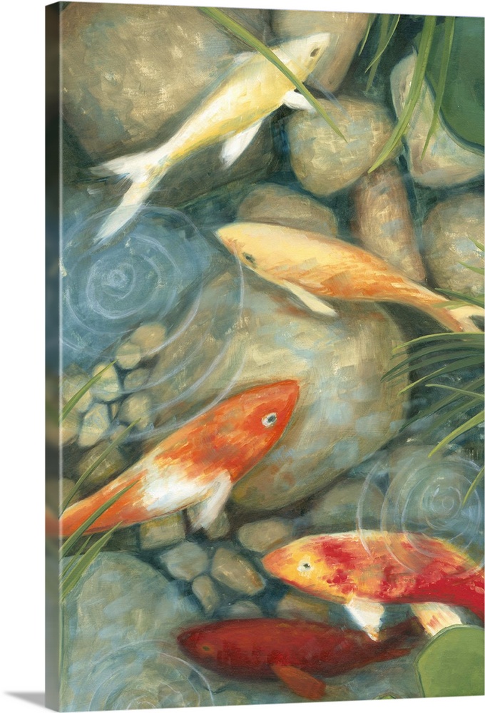 Contemporary painting of koi swimming in a shallow rocky pond.