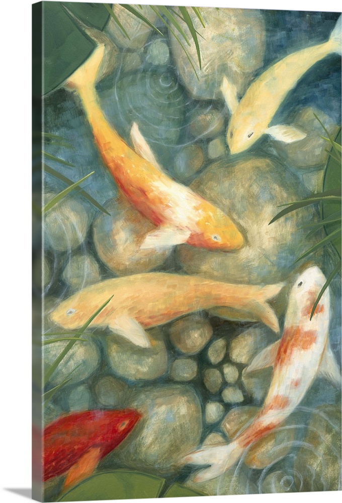 Contemporary painting of koi swimming in a shallow rocky pond.