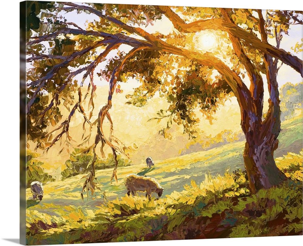 Contemporary artwork of a countryside field in the light of early morning while animals graze.
