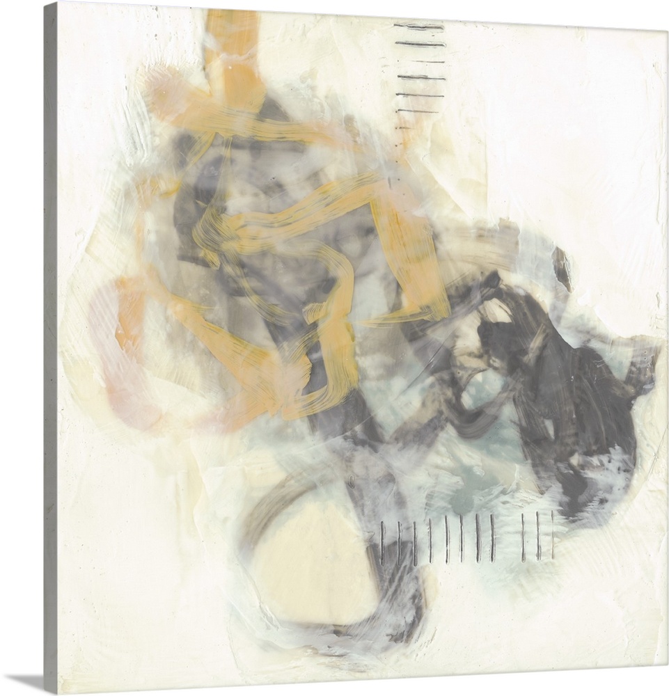 Twisting brush strokes in yellow and gray dance with each other and is accompanied with hash marks in this contemporary ab...