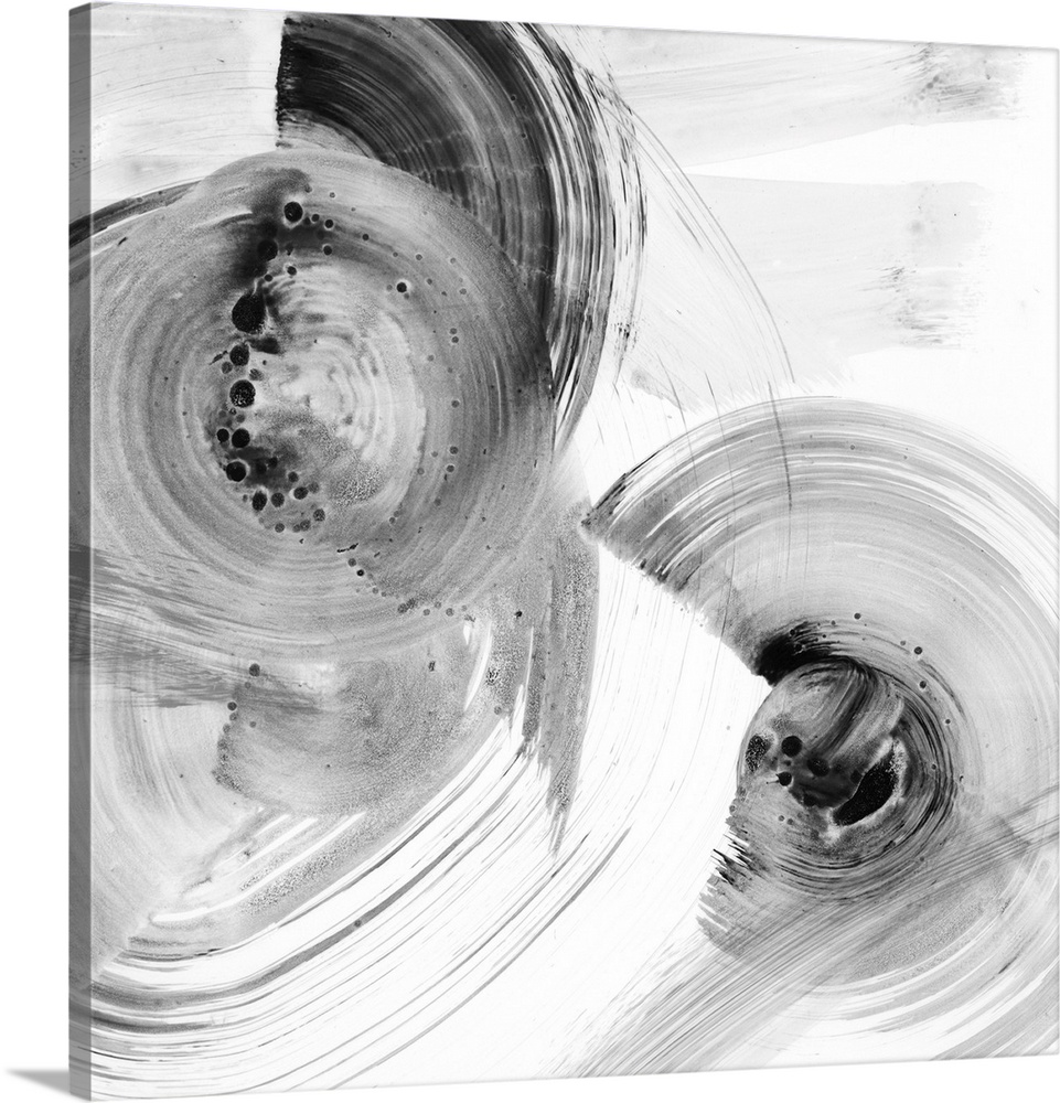 Contemporary abstract painting of circular forms in white and black reminiscent of water's ripple effect in reverse.