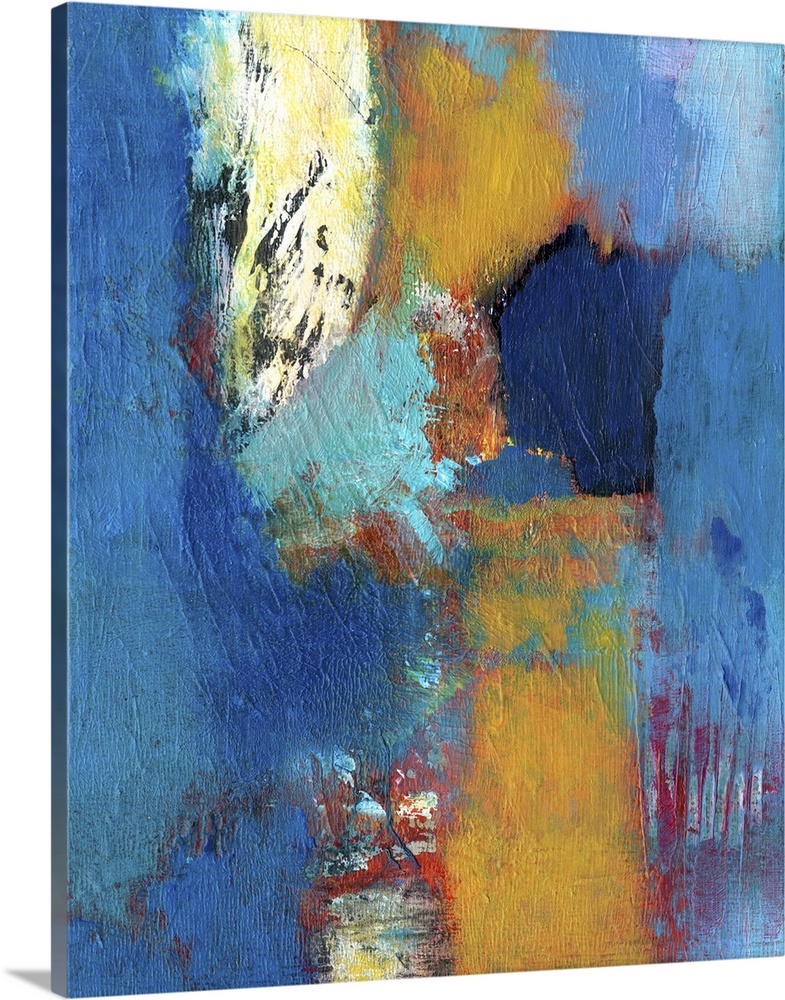 Abstract contemporary artwork in deep blue with contrasting amber and red.