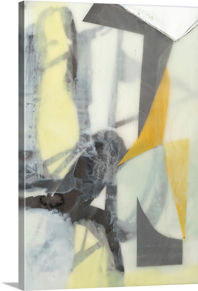 Muted contemporary painting in yellow and grey, with soft, blurred edges.