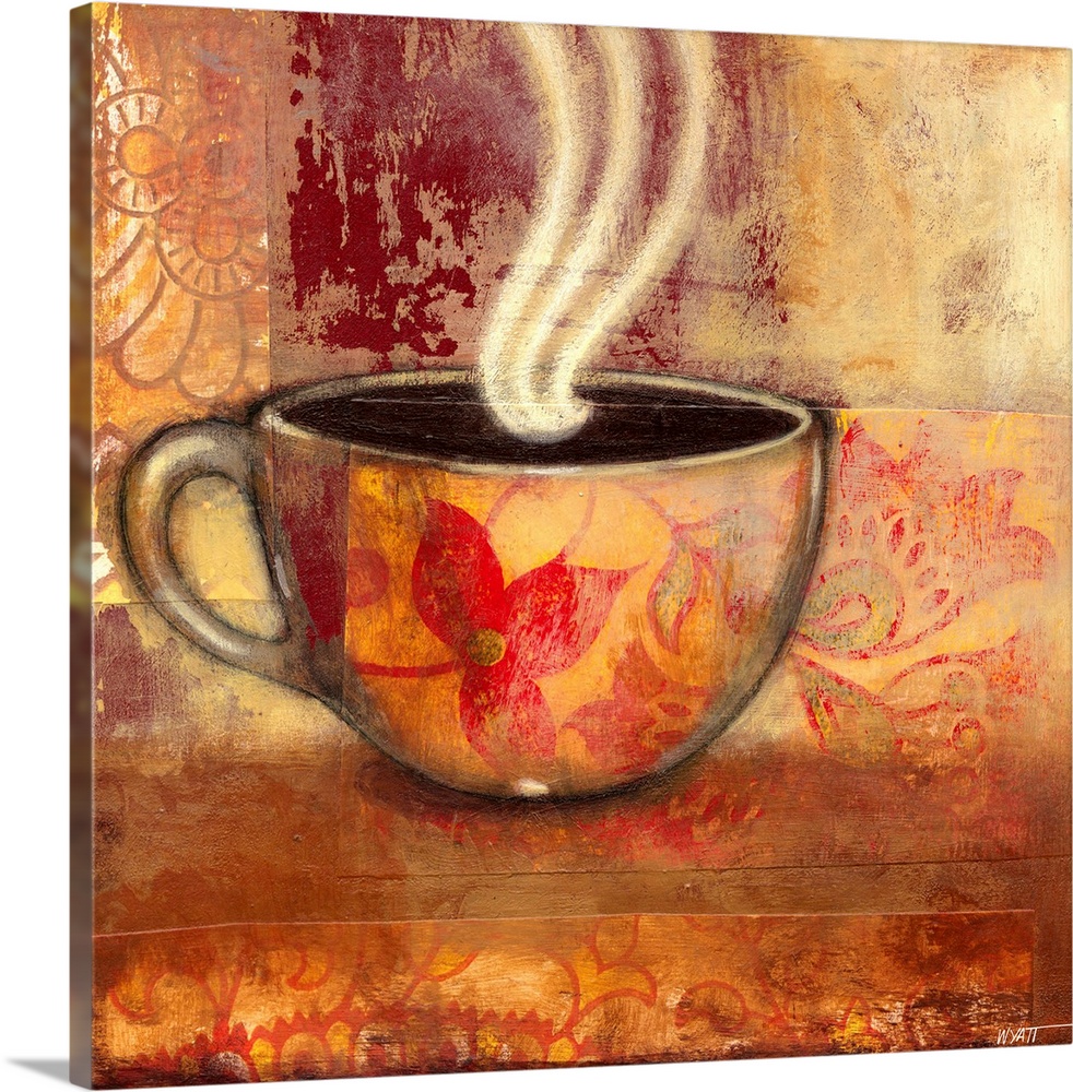 Square, giant home art docor of an illustrated cup of steaming coffee, a floral pattern on the cup that is similar in colo...
