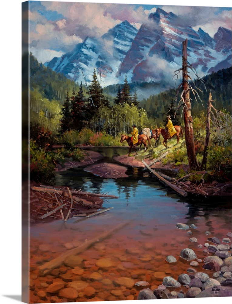 Contemporary Western artwork of cowboys on horseback in the shadow of the Rocky Mountains near a stream.