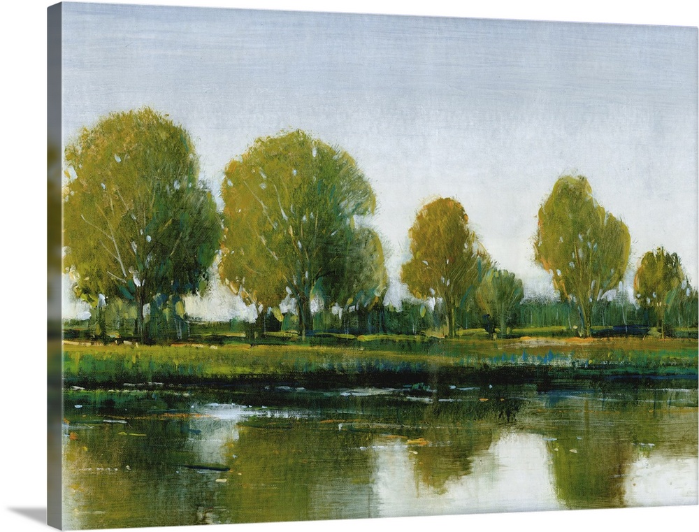 Contemporary painting of an idyllic countryside scene of trees reflected in still water.