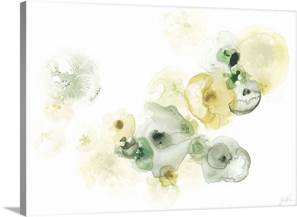 This decorative art features green and yellow watercolor droplets to form lichen like shapes on a white background.