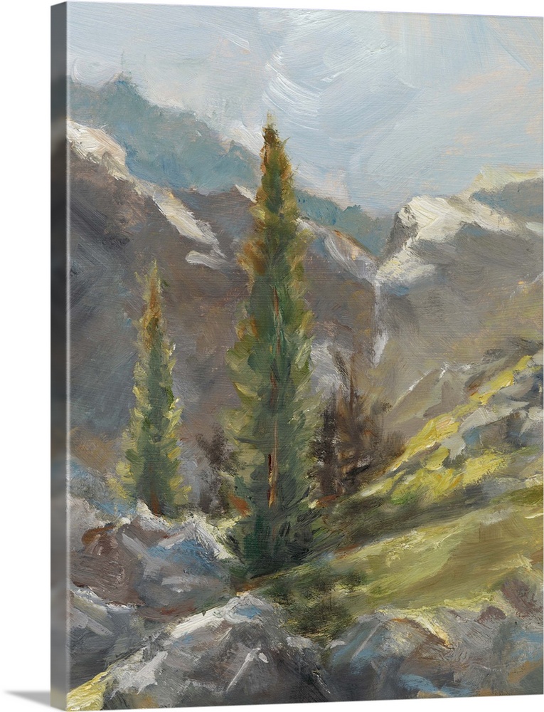 Contemporary painting of a rocky mountainous scene.