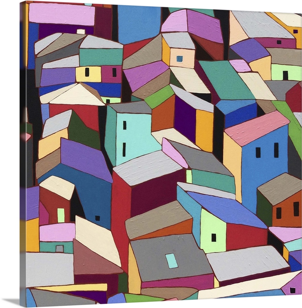 Contemporary painting of colorful houses seen from above.