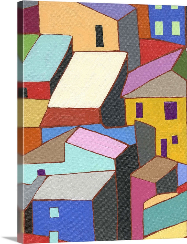 Painting of colorful buildings and rooftops.