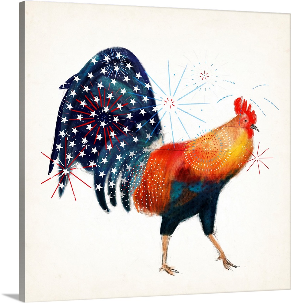 An artistic image of a rooster with an star design on his tail and firework shapes overlapping.