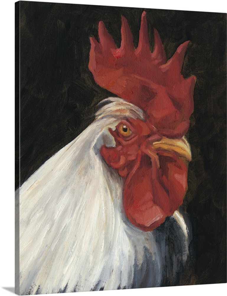 Contemporary painting of a white rooster on a dark background.