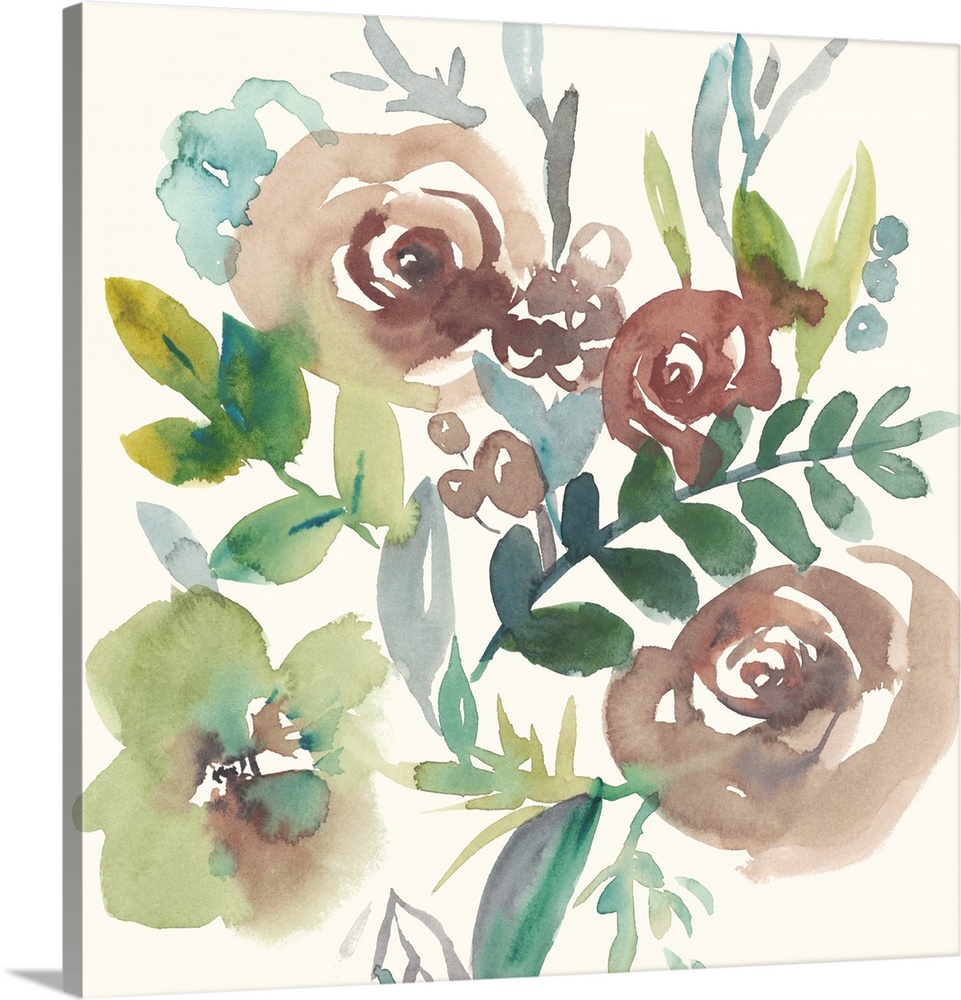Square watercolor painting of a bouquet of muted flowers on a cream background.