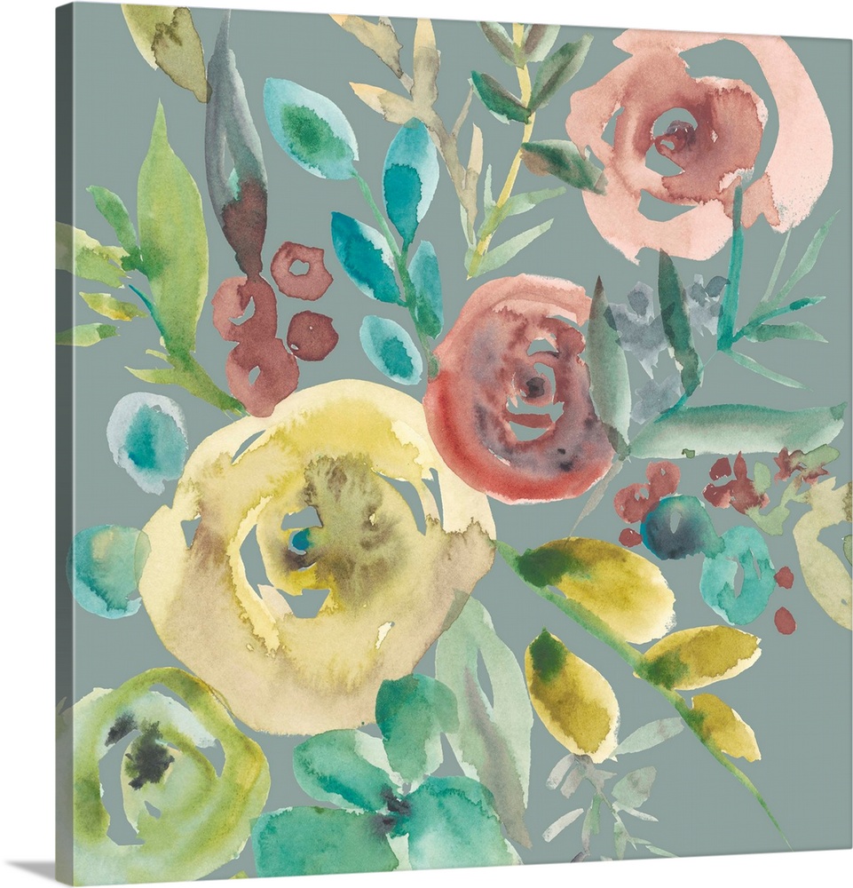 Square watercolor painting of a bouquet of muted flowers on a gray background.